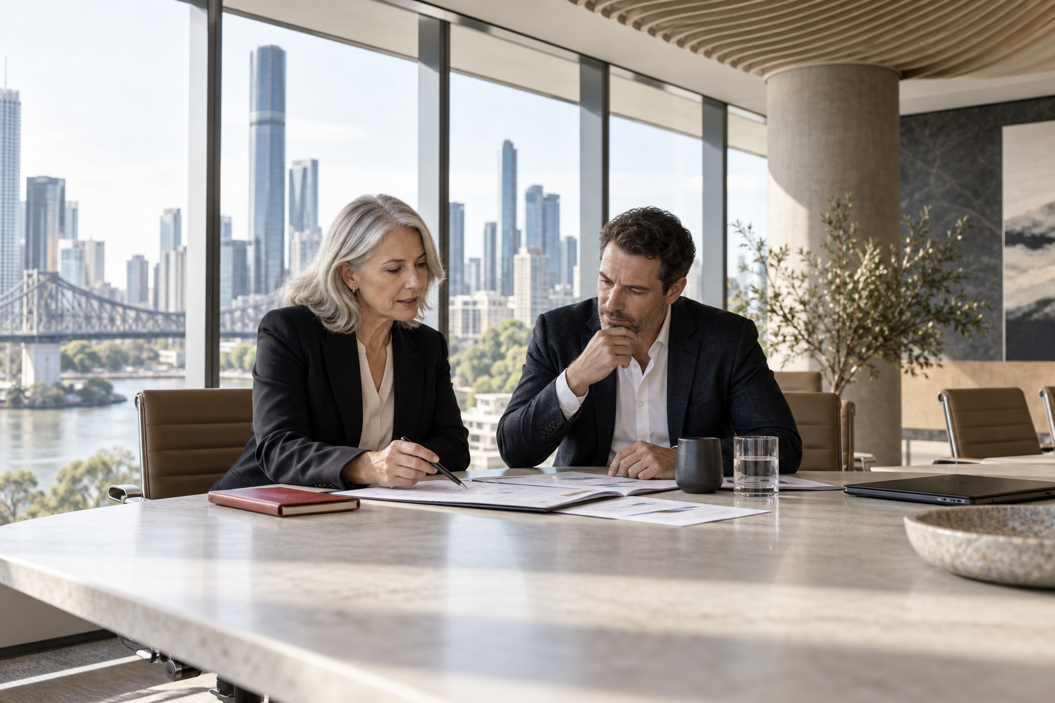 Senior adviser and business owner reviewing a commercial strategy in Brisbane