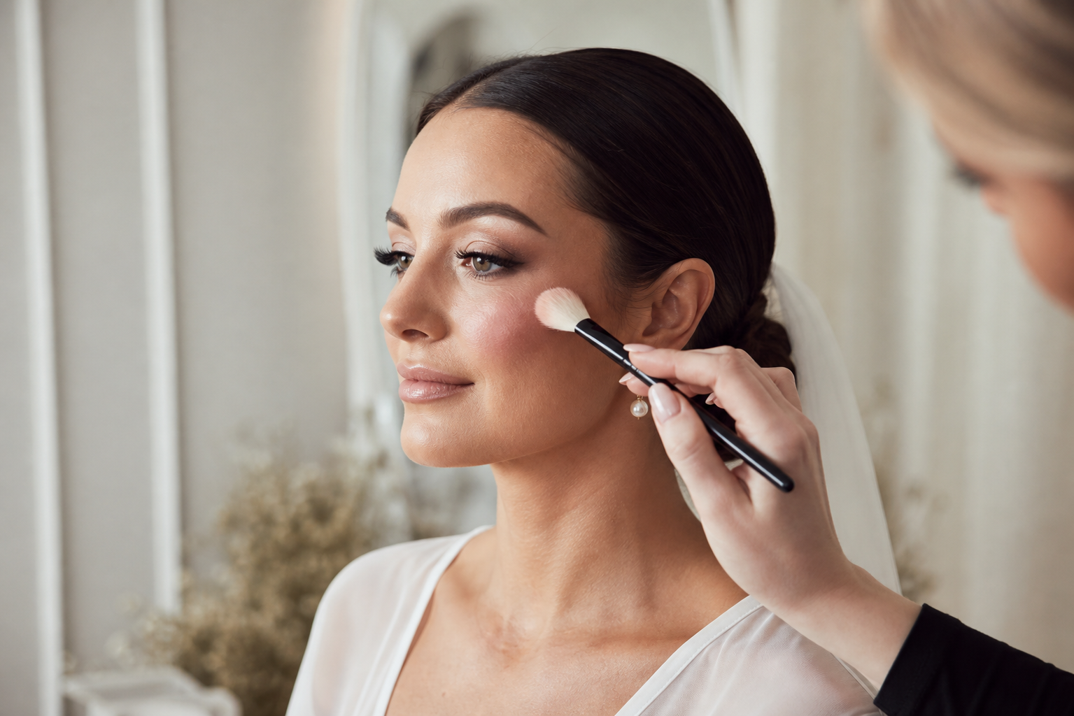 Makeup artist refining a bridal look