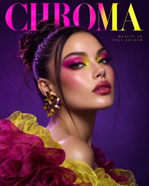 CHROMA fictional magazine cover with magenta and yellow editorial makeup