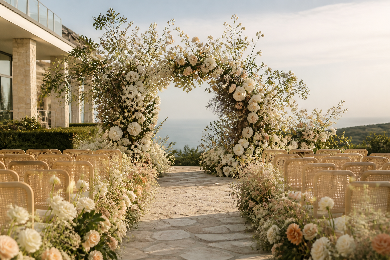 Luxury Queensland wedding ceremony with sculptural floral installation