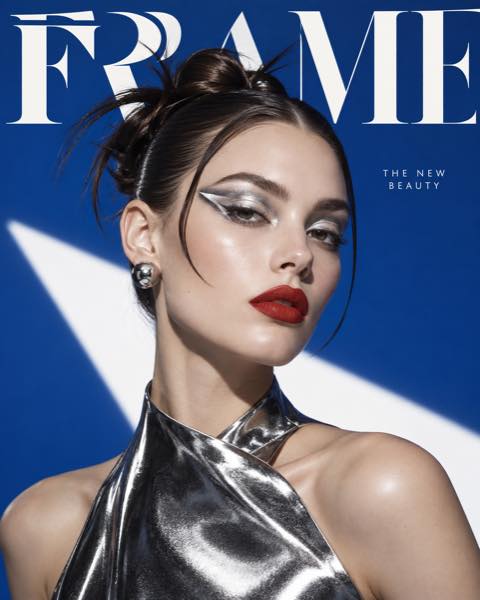 FRAME fictional magazine cover featuring metallic silver graphic makeup and a red lip