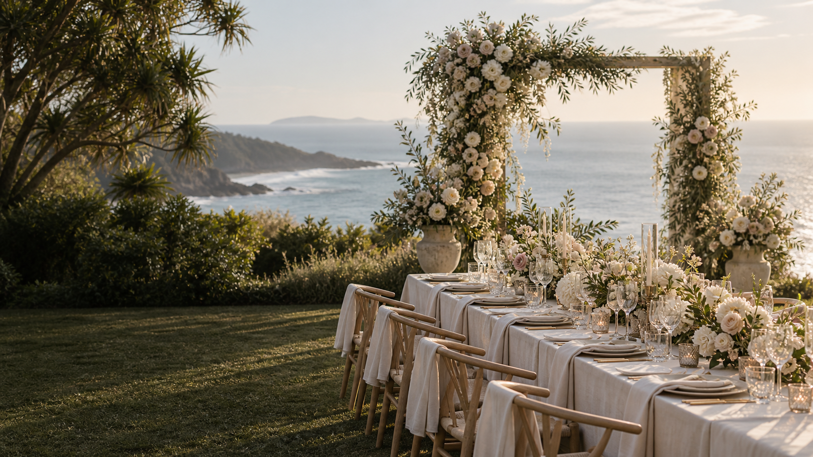 Luxury coastal Queensland wedding flowers and reception styling