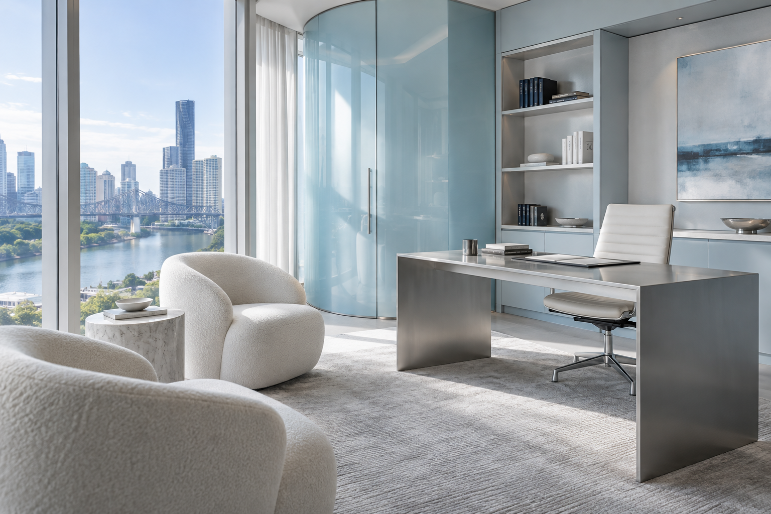 Kindred private clinic interior with blue glass and Brisbane views