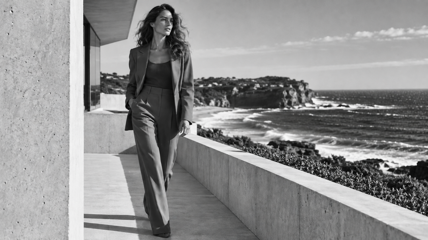 Monochrome fashion portrait on a modern Australian coastline