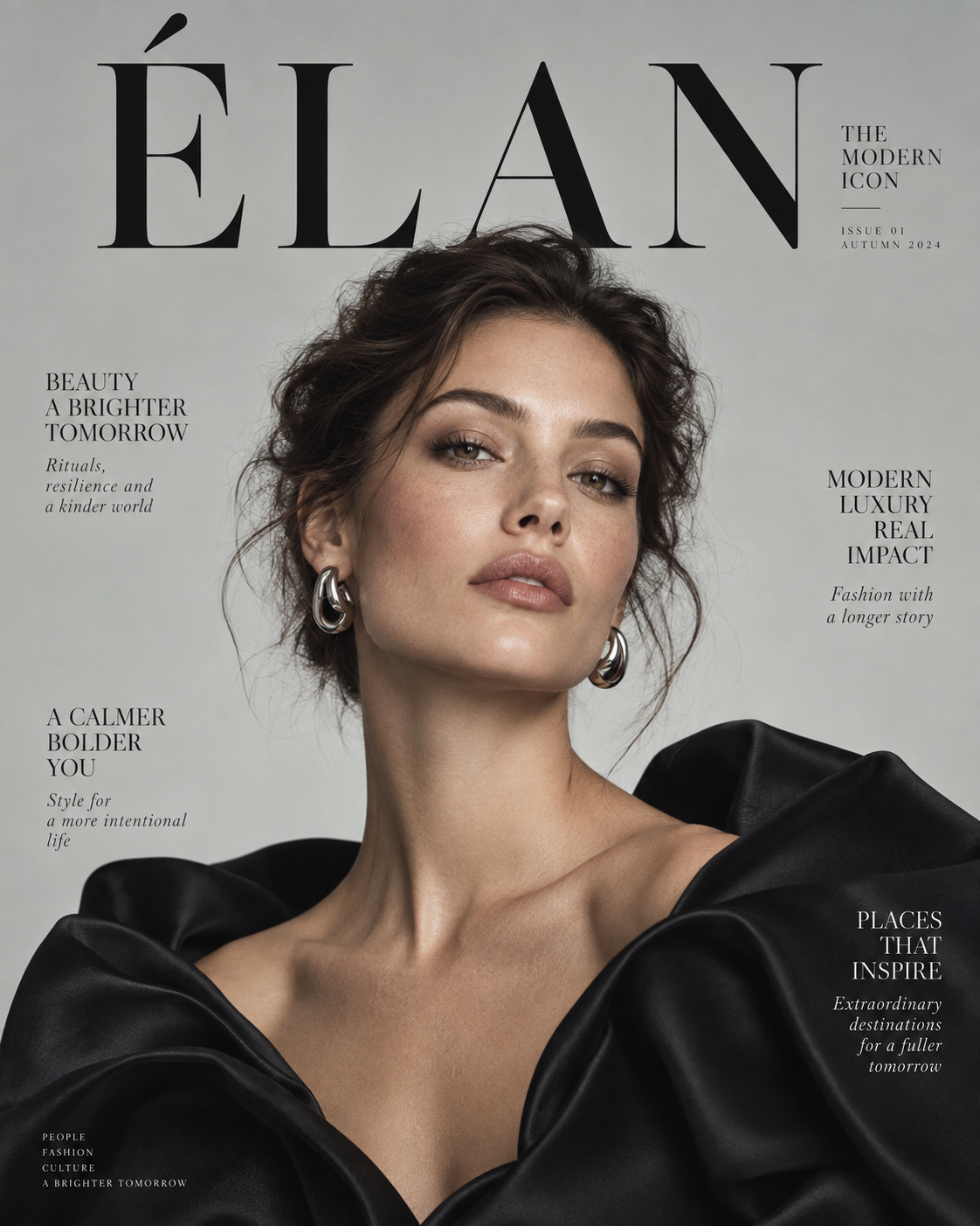 Fictional ELAN fashion magazine cover featuring a complete black satin portrait