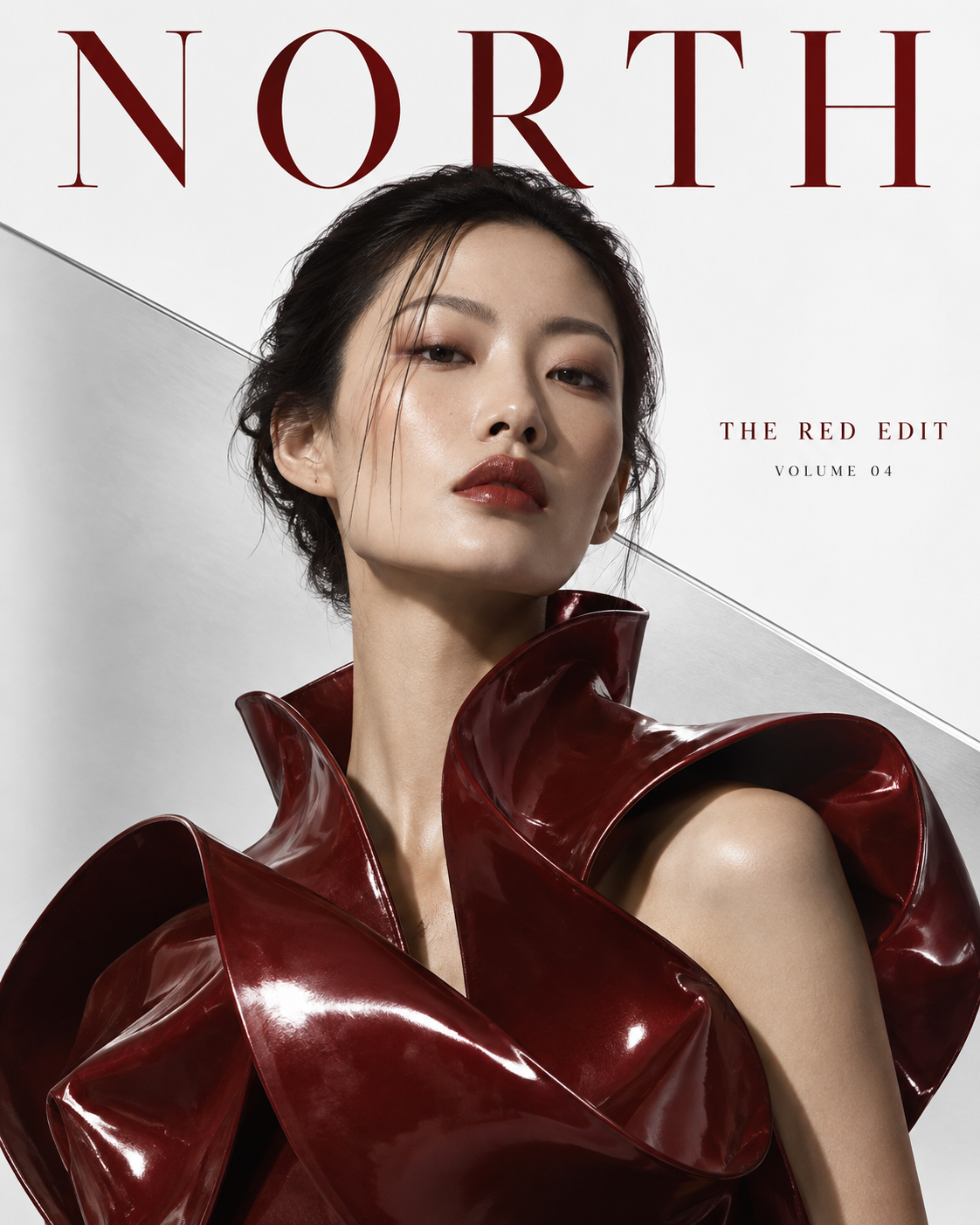 Fictional NORTH fashion magazine cover with a red lacquer editorial portrait