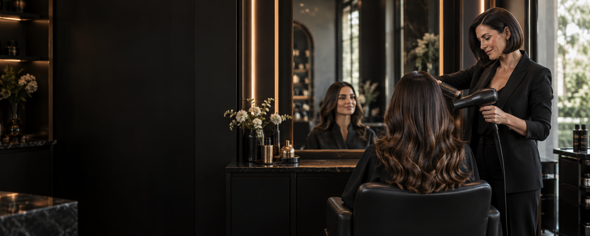 Maison Ellis stylist finishing dimensional brunette hair in the salon