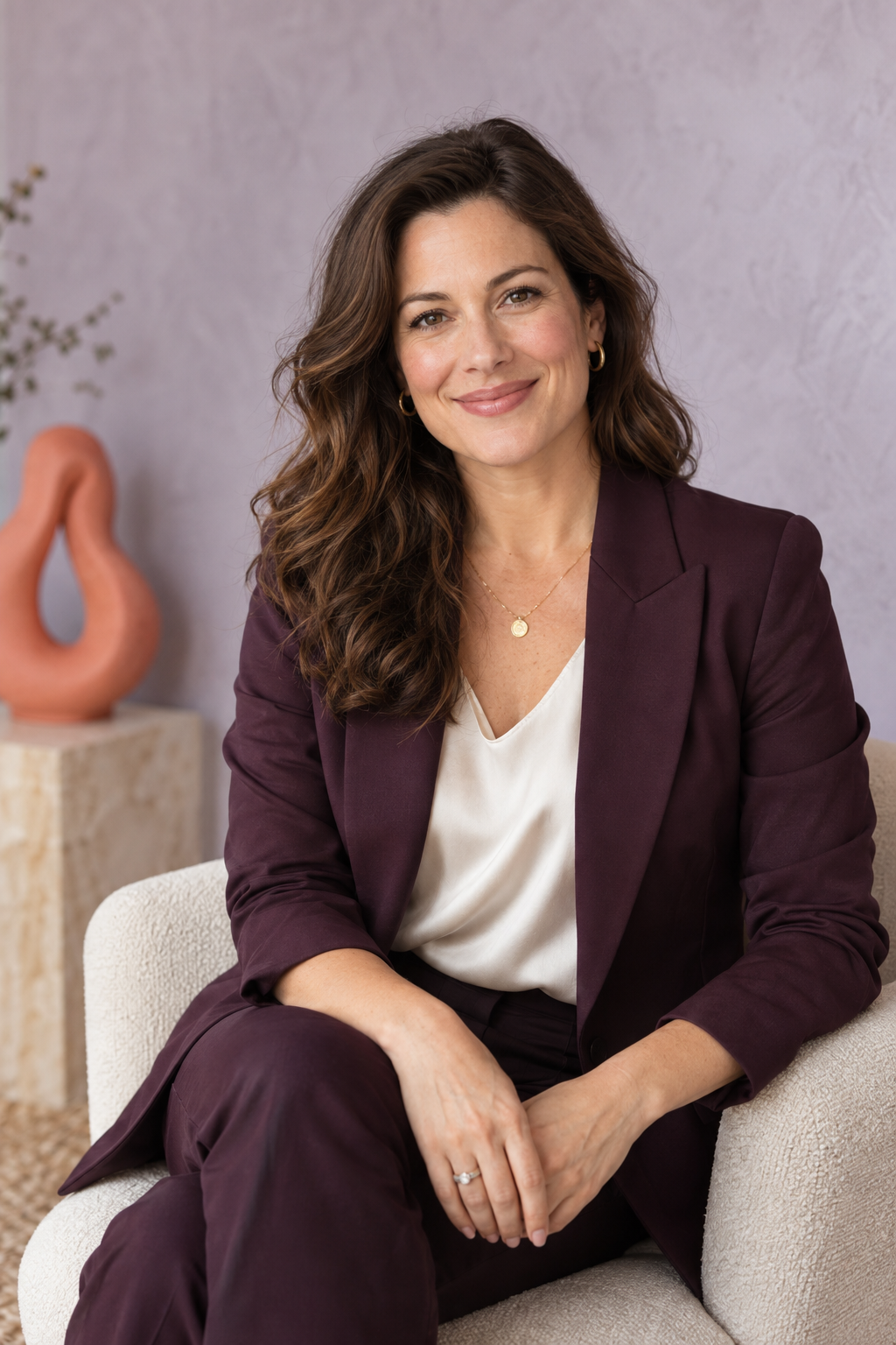 Parallax executive coach smiling in an aubergine suit