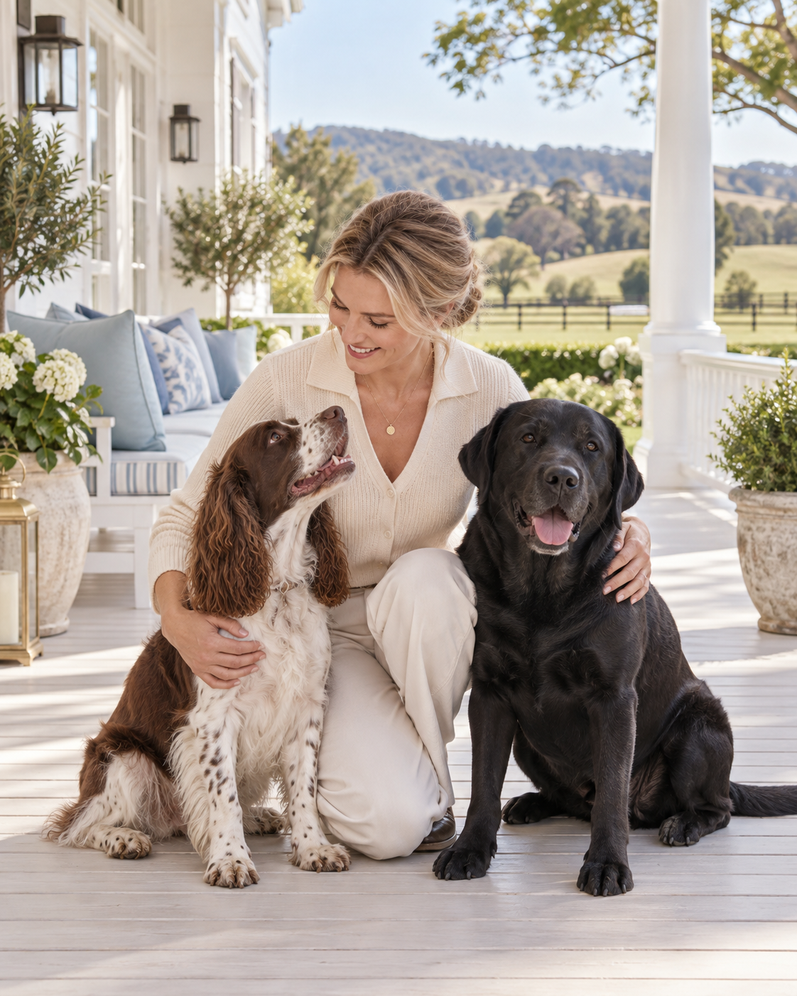 Paw and Haven host with two relaxed guest dogs on the veranda
