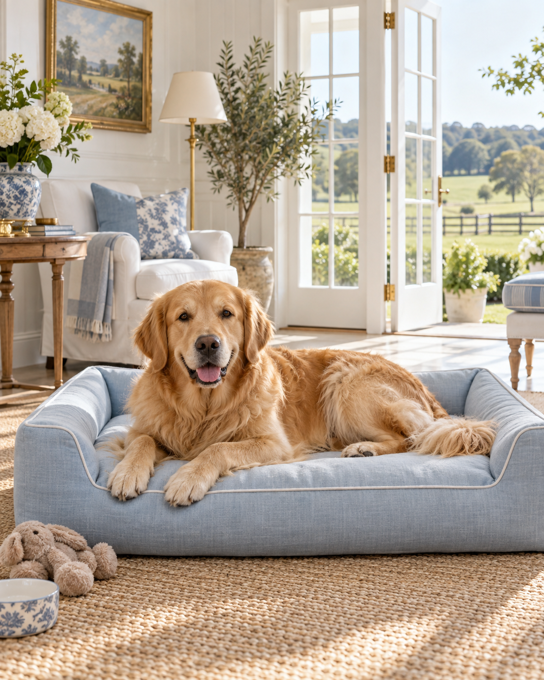 Golden retriever relaxing in a Hamptons sunroom at Paw and Haven