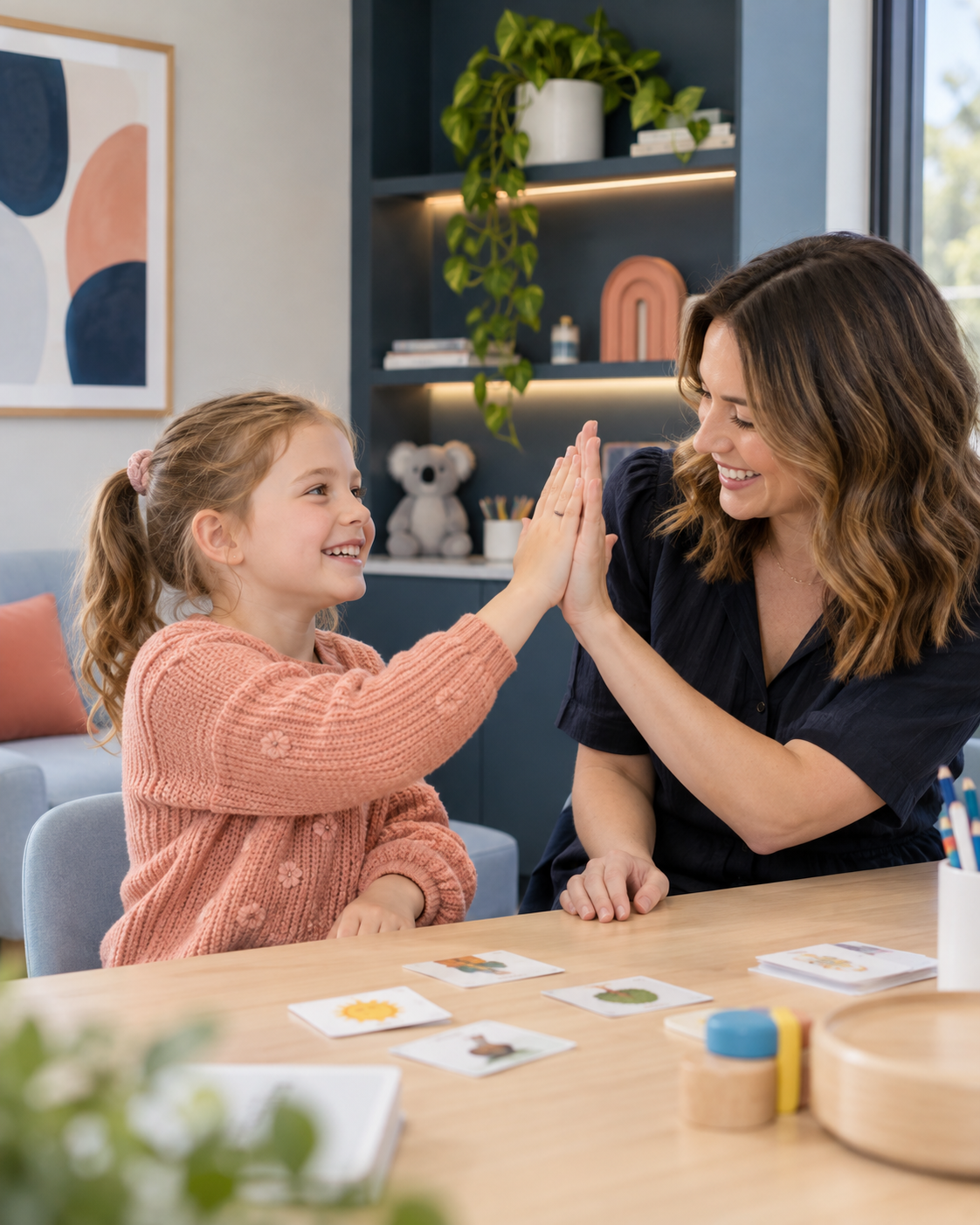 Happy child celebrating progress with her speech pathologist