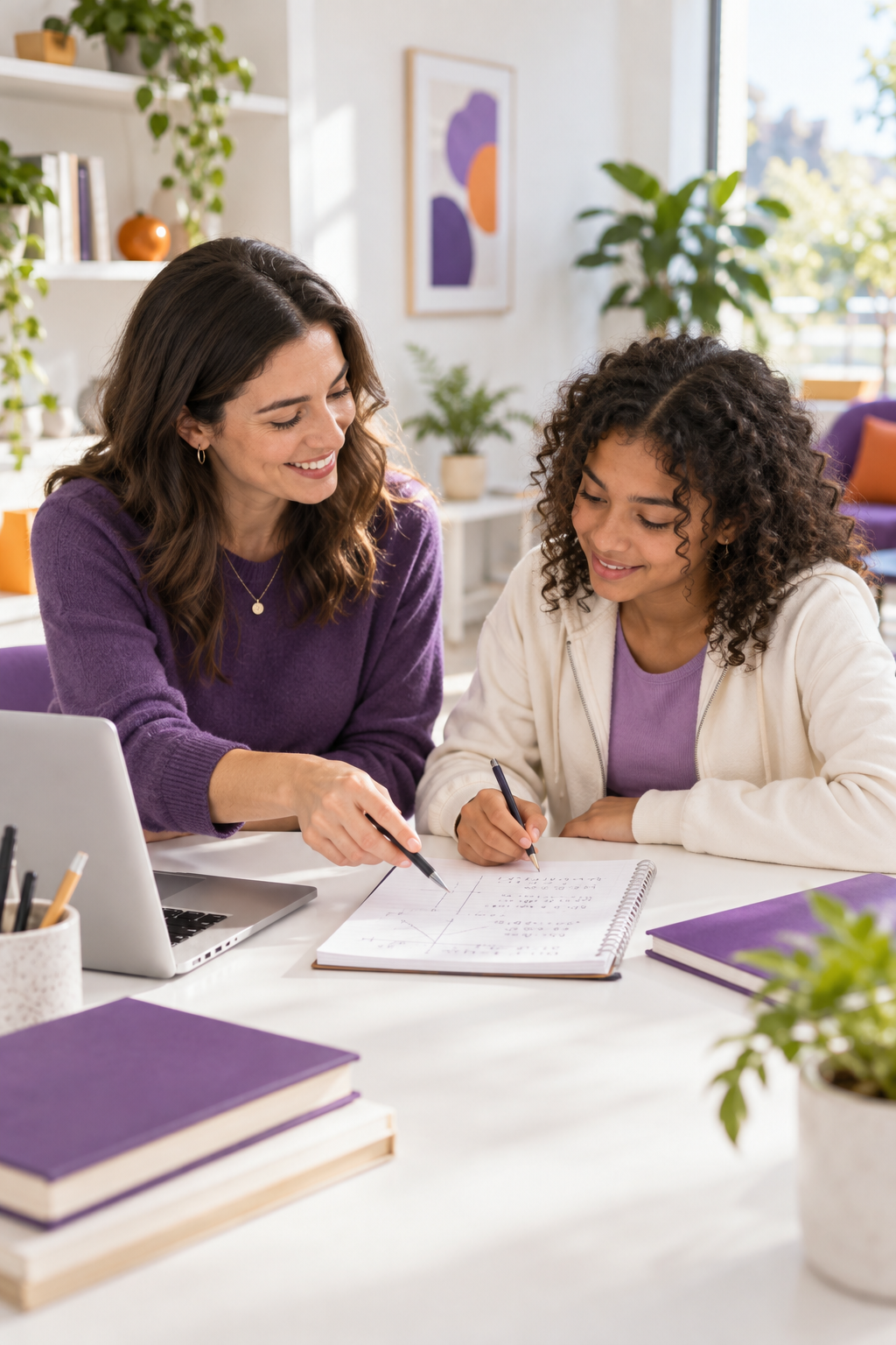 Bright Method tutor supporting a student in a polished light-filled learning studio