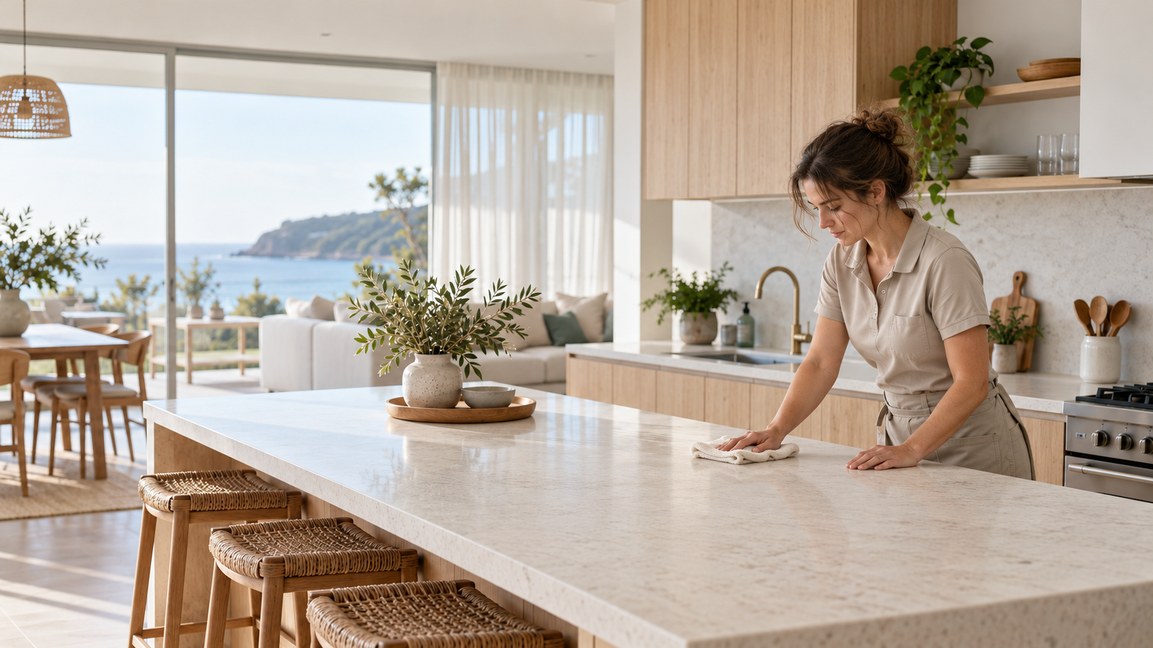 Cleaner wiping a pale stone island in a bright coastal kitchen